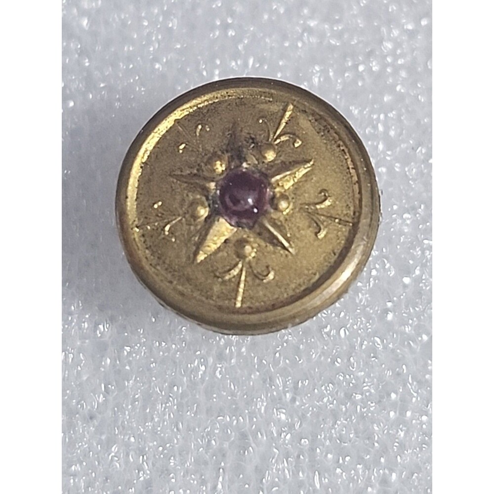Antique Brass Button Starburst Design Purple Glass Center Collectible Sewing